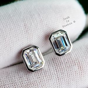 Moissanite emerald shape bezel stud earrings in sterling silver